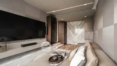 Luxurious modern living room with sleek design and large TV