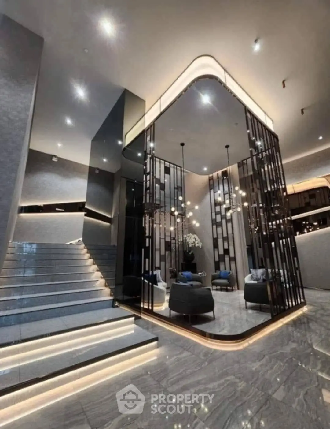 Luxurious modern lobby with elegant lighting and sleek design