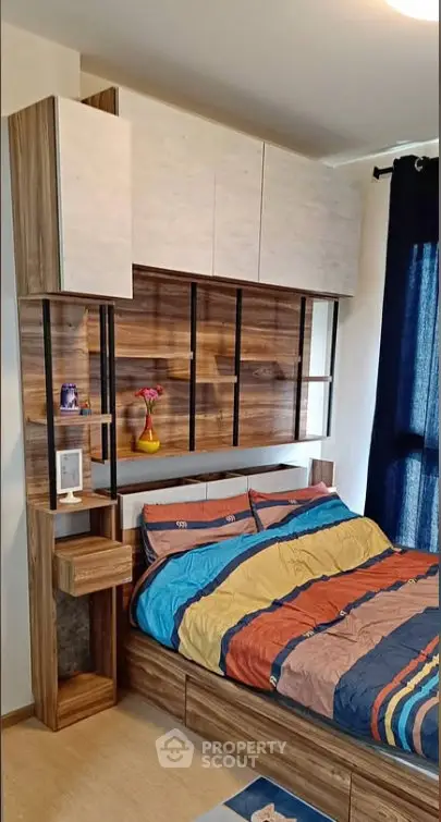 Modern bedroom with stylish wooden shelving and colorful bedding