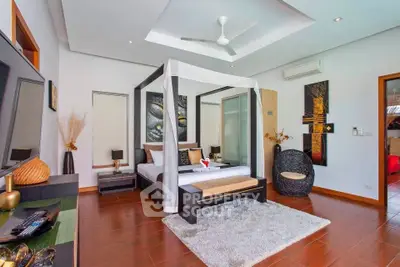 Luxurious bedroom with modern decor and canopy bed in a stylish home.