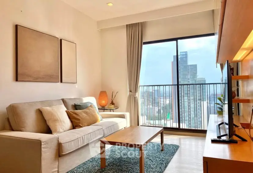 Modern living room with city view, cozy sofa, and stylish decor in high-rise apartment.