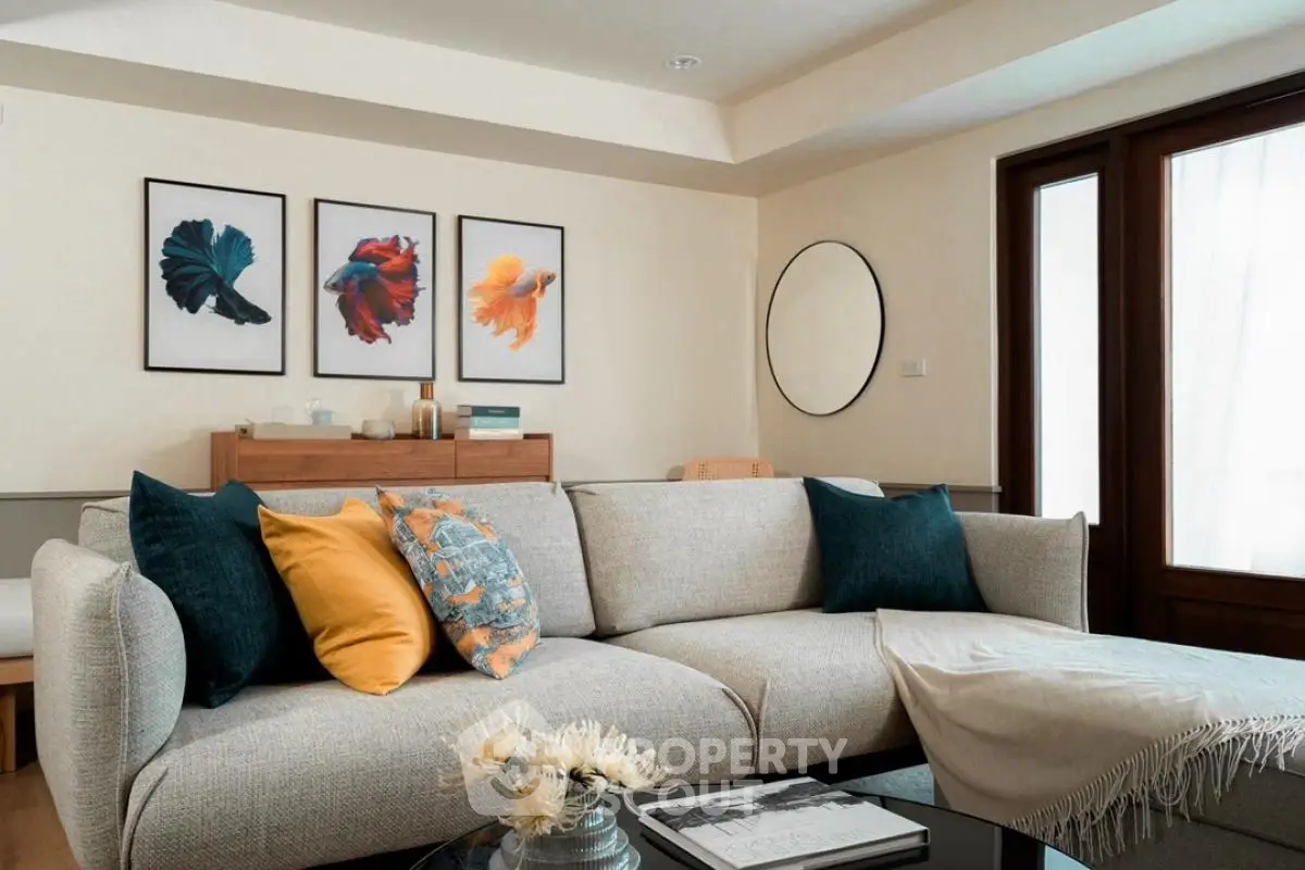 Stylish living room with modern decor and cozy sofa