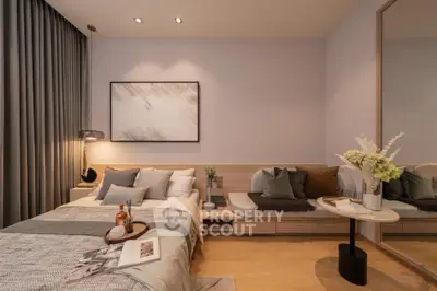 Modern bedroom with cozy decor and elegant furnishings, featuring a stylish bed and ambient lighting.