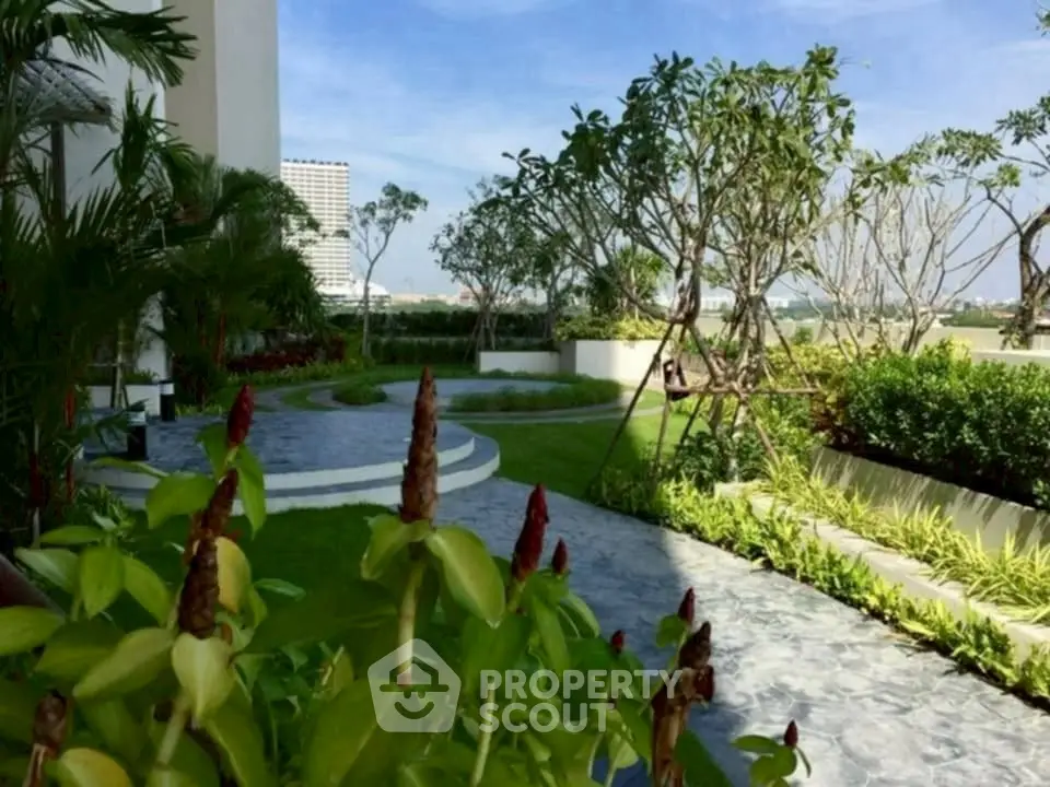 Lush garden with modern landscaping and scenic views in a luxury property