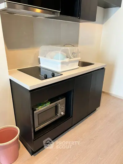 Modern kitchen with sleek black cabinetry and built-in microwave, featuring an electric cooktop and dish rack.