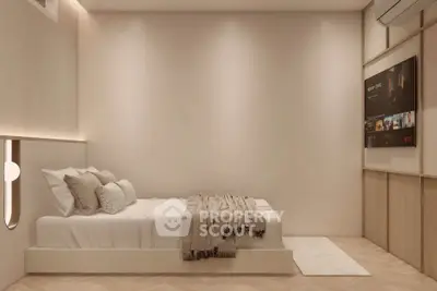 Modern minimalist bedroom with cozy lighting and wall-mounted TV