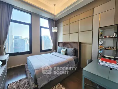 Luxurious bedroom with city view, elegant decor, and ample natural light.