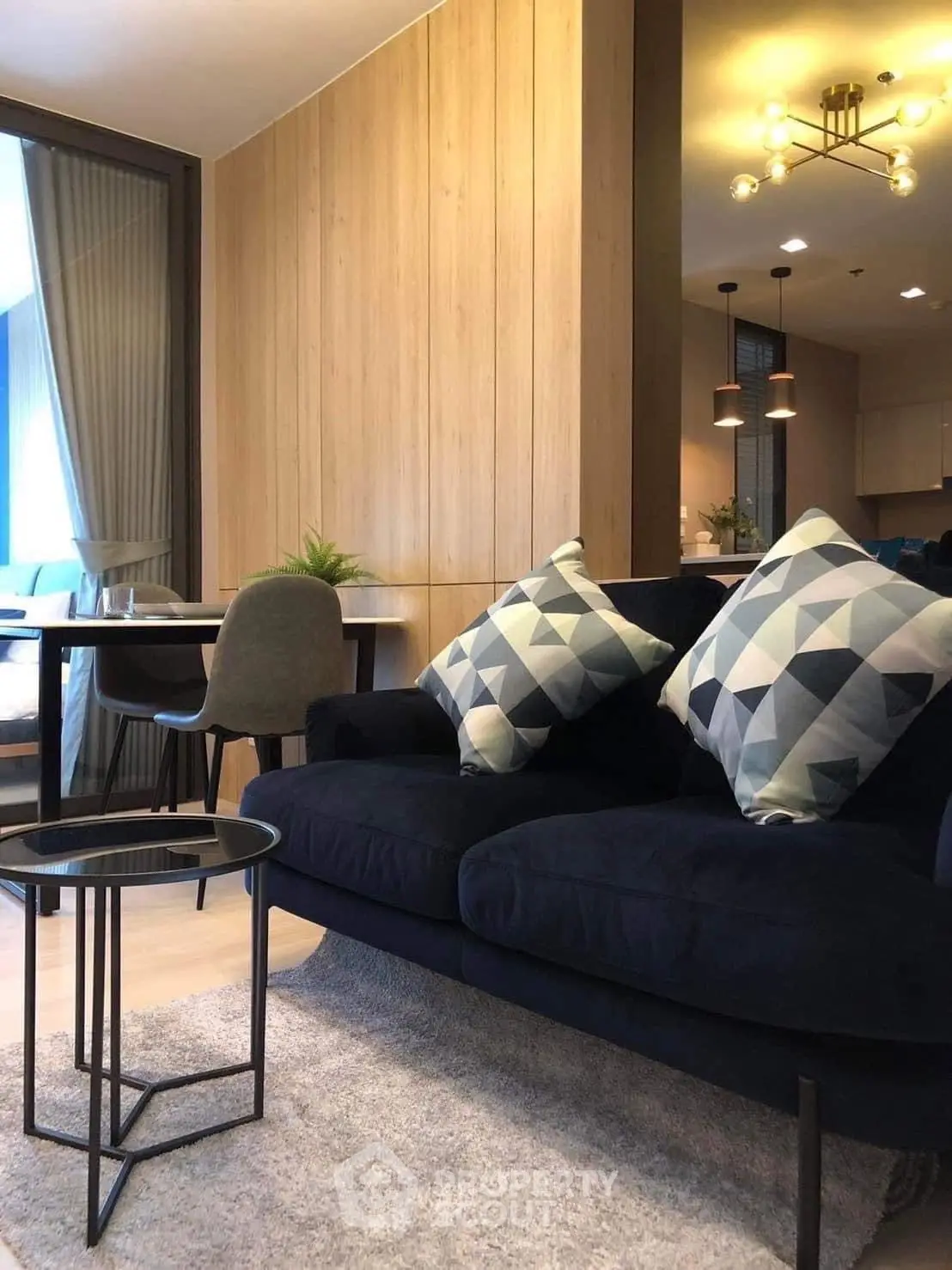 Modern living room with stylish decor and cozy seating area