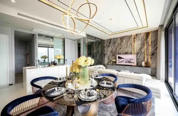 Luxurious modern living room with elegant dining area and stylish decor