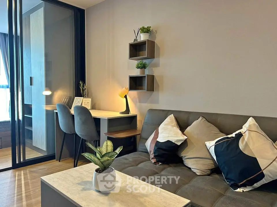 Modern living room with stylish decor and cozy seating area