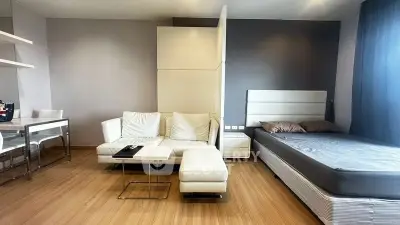 Modern studio apartment with stylish living area and cozy bedroom setup.