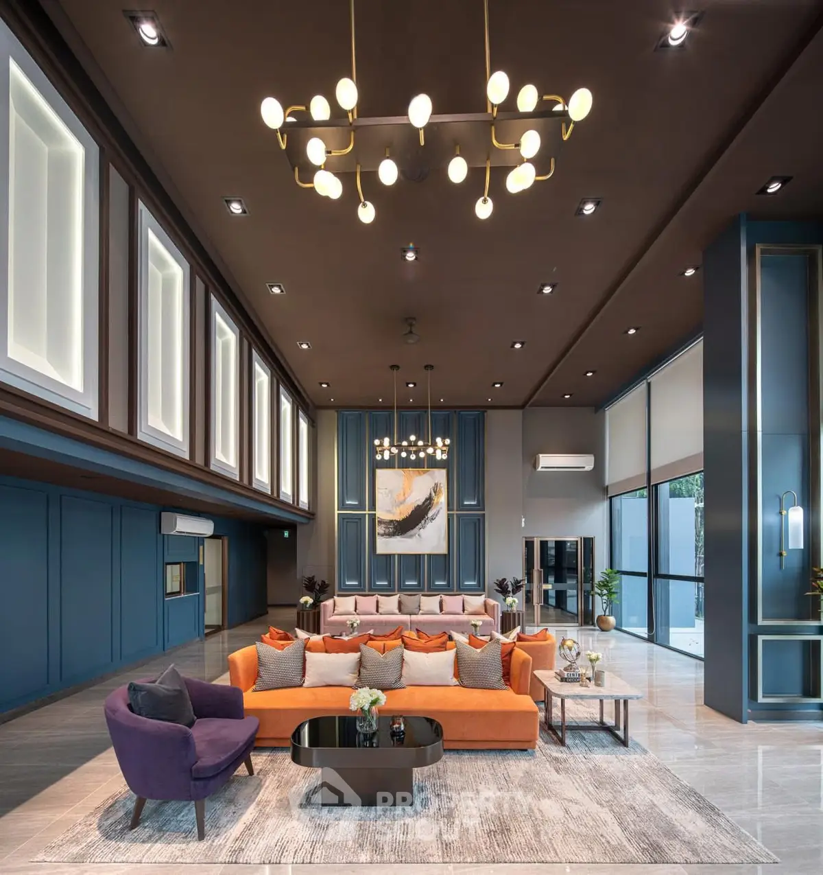 Luxurious modern living room with high ceilings, elegant lighting, and stylish furniture in a spacious open layout.