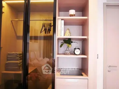 Modern bedroom with stylish wardrobe and elegant shelving unit