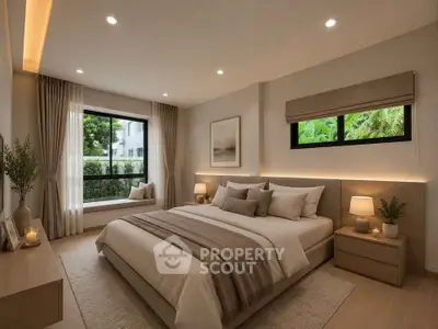 Luxurious bedroom with elegant decor and large windows offering serene garden views.