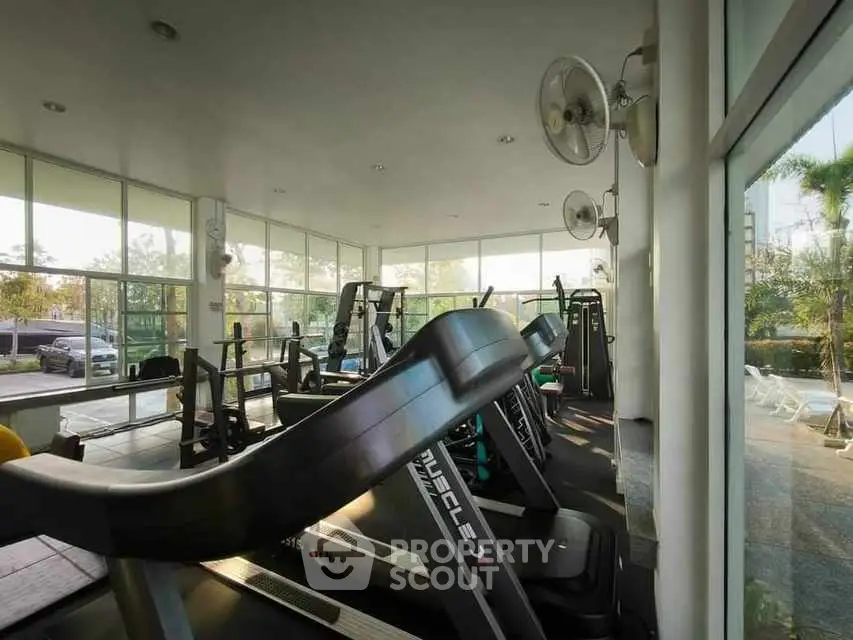 Spacious gym with modern equipment and large windows offering natural light.