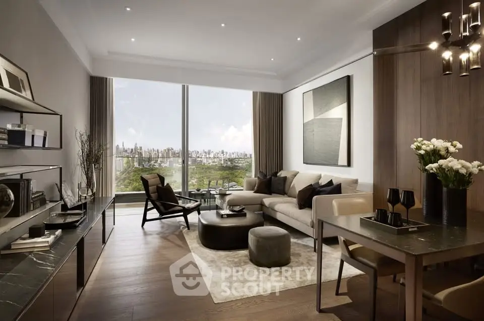 Luxurious living room with stunning city view, modern furniture, and elegant decor.