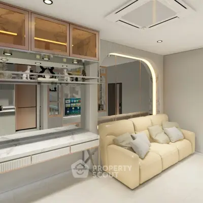 Modern living room with elegant decor and cozy sofa, featuring a stylish open layout and contemporary lighting.