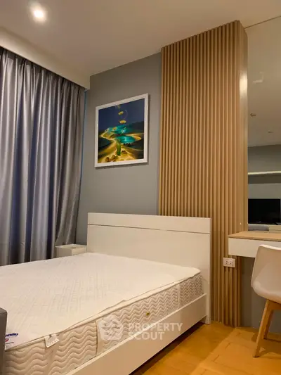 Modern bedroom with stylish decor and comfortable bed in a contemporary apartment
