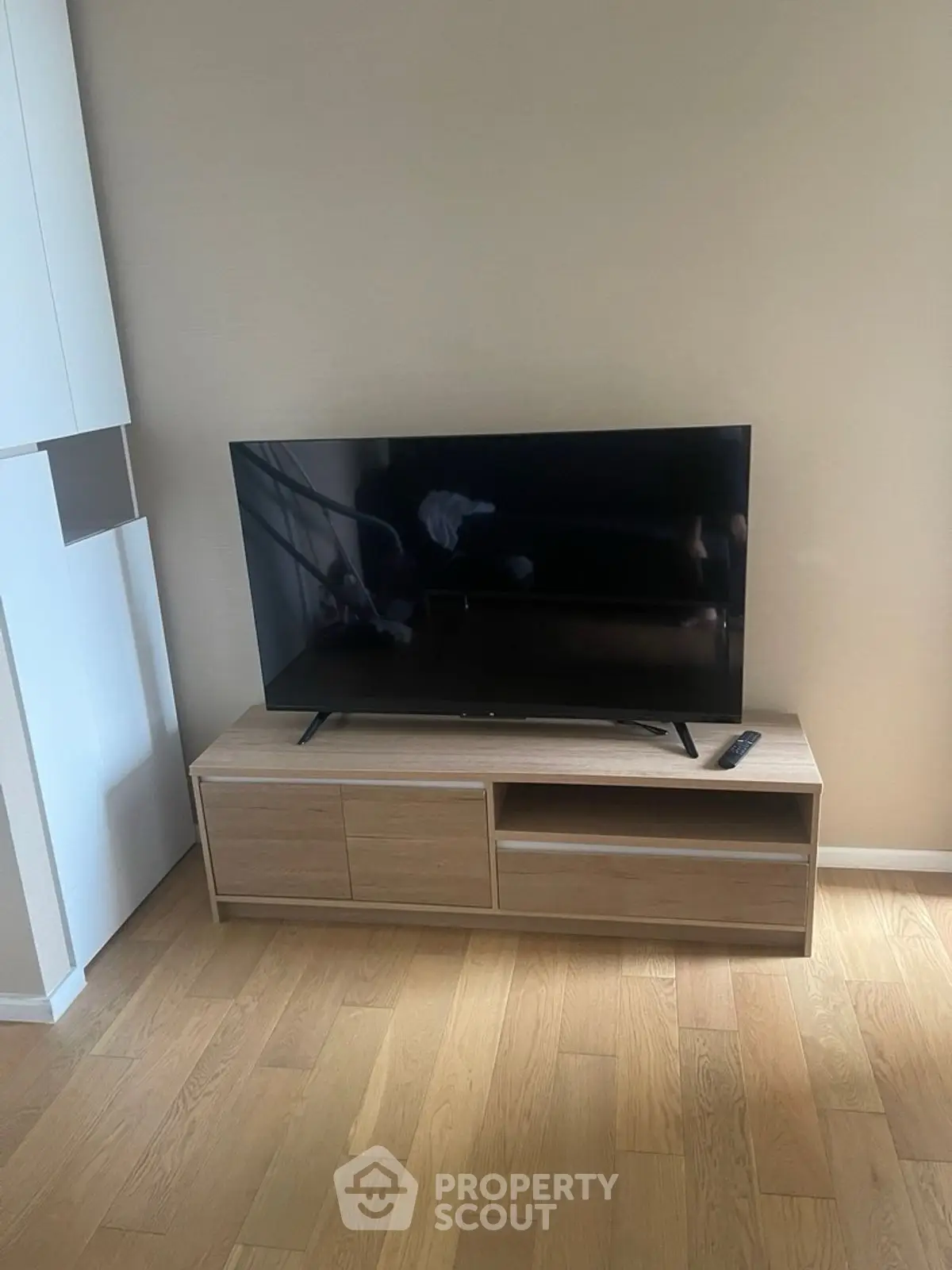 Modern living room with sleek TV stand and flat-screen TV on wooden flooring.