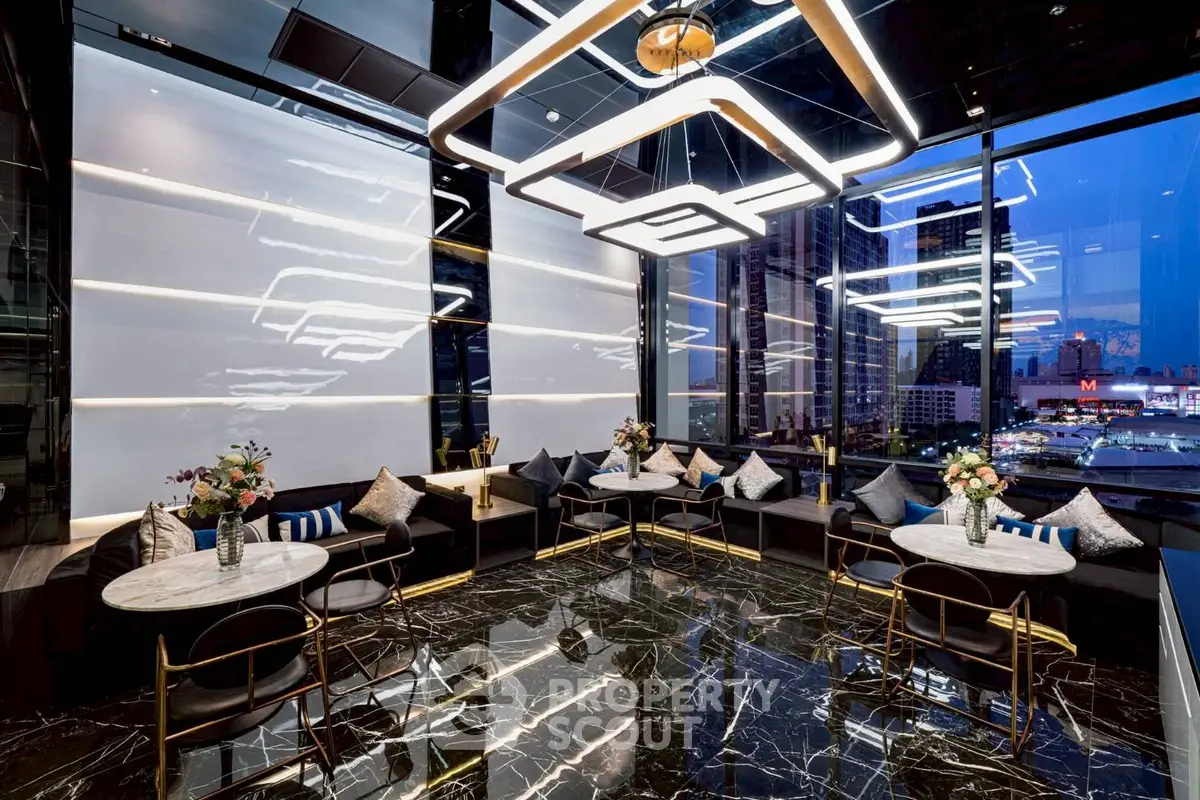 Luxurious modern lounge with stunning city view and elegant marble flooring