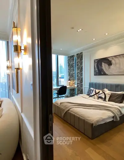 Luxurious modern bedroom with city view and elegant decor