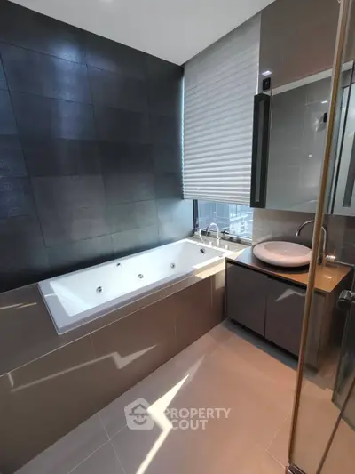 Luxurious modern bathroom with sleek bathtub and stylish fixtures