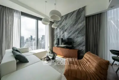 Luxurious modern living room with stunning city view and stylish furniture
