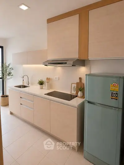 Modern kitchen with sleek cabinetry and energy-efficient appliances in a stylish apartment.