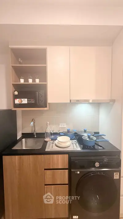 Modern compact kitchen with sleek cabinetry and built-in appliances, ideal for urban living.