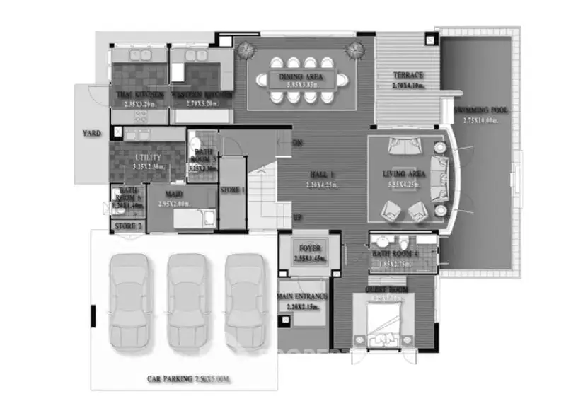 Spacious floor plan with pool, terrace, and multiple rooms for luxurious living.