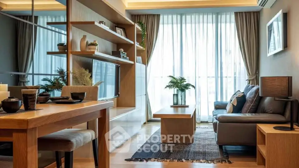 Modern living room with elegant decor and large windows offering natural light.