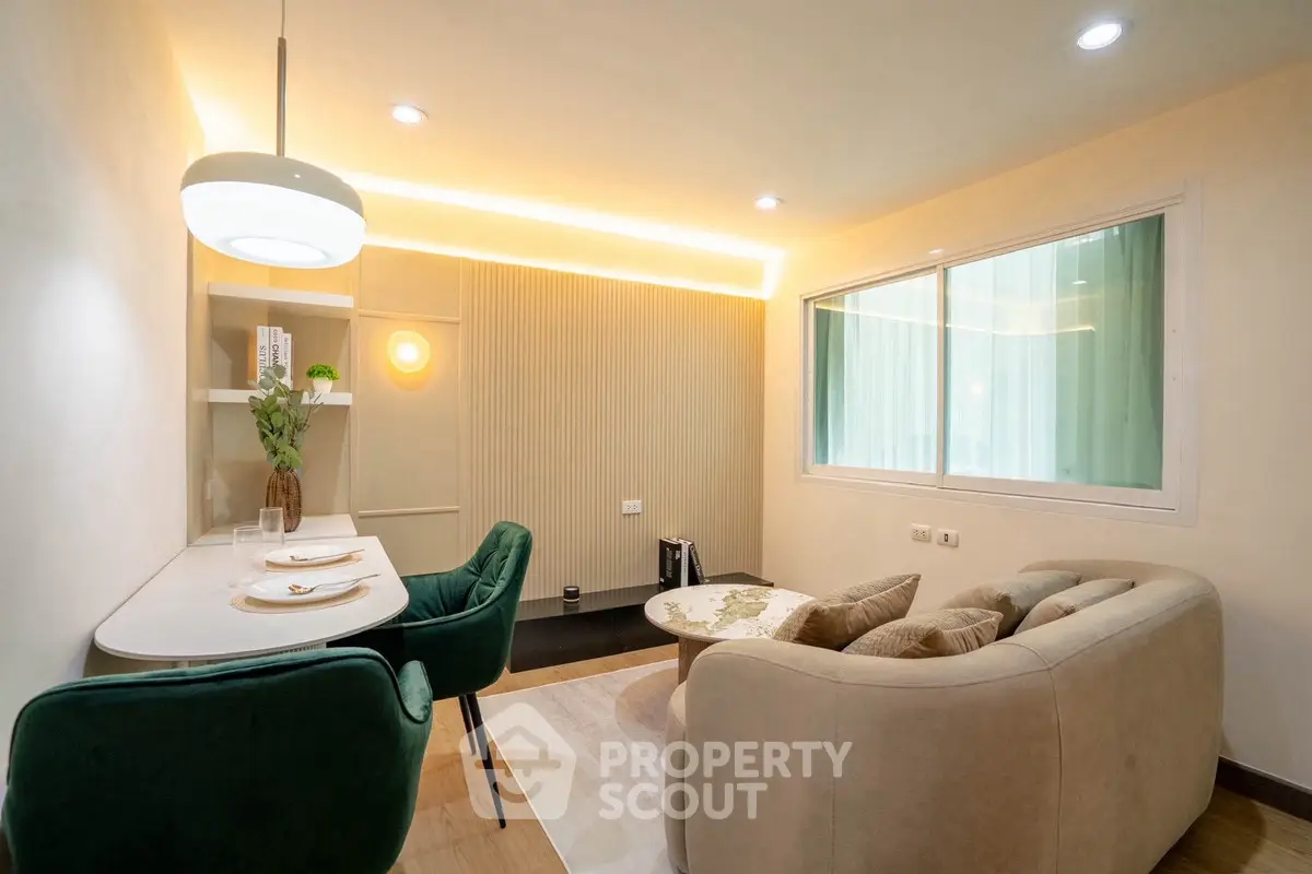 Modern living room with elegant decor and cozy seating area