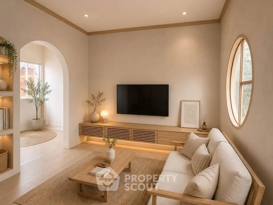 Elegant living room with modern decor, featuring a cozy sofa, stylish coffee table, and wall-mounted TV.
