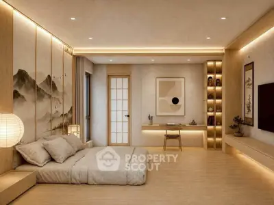 Luxurious minimalist bedroom with serene decor and ambient lighting