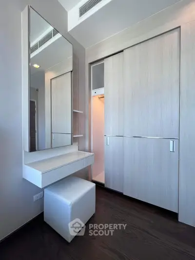 Modern bedroom with sleek built-in wardrobe and stylish vanity area