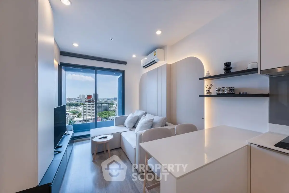 Modern living room with panoramic city view and stylish interior design