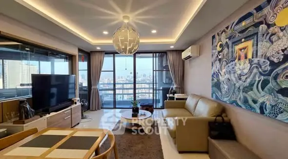 Luxurious living room with modern decor and stunning city view from large windows.