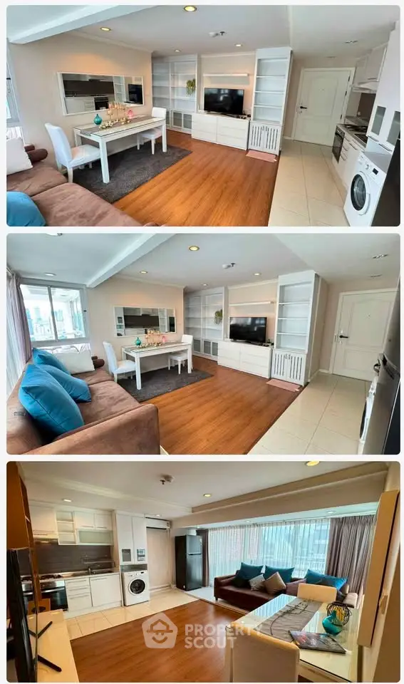 Spacious modern living room with open kitchen and stylish decor, featuring hardwood floors and ample natural light.