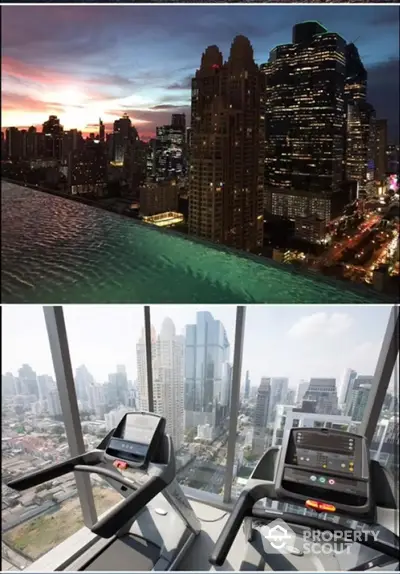 Stunning city view from rooftop pool and modern gym with skyline backdrop