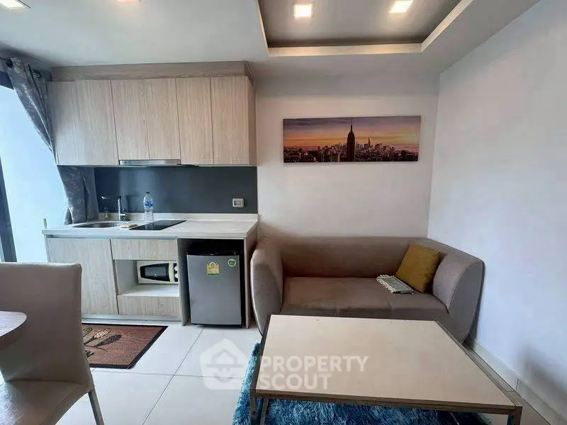 Modern compact living room with kitchenette and cozy sofa in stylish apartment.