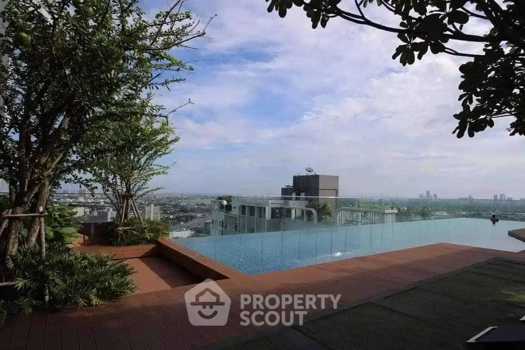 Luxurious rooftop infinity pool with stunning city skyline view, perfect for relaxation and leisure.