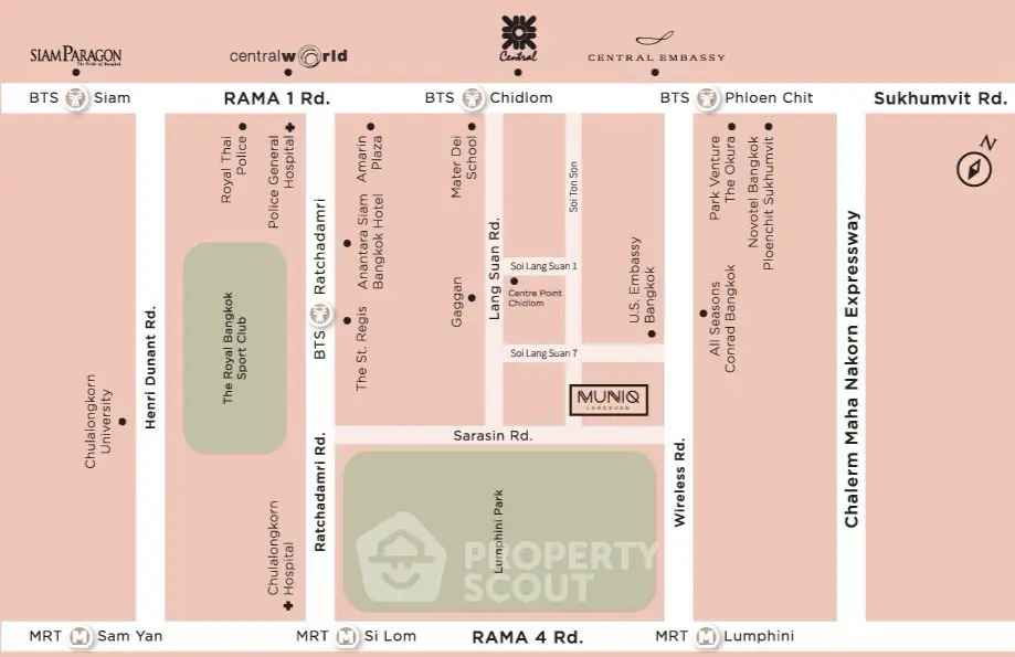Map showing prime real estate locations near BTS and MRT stations in Bangkok.