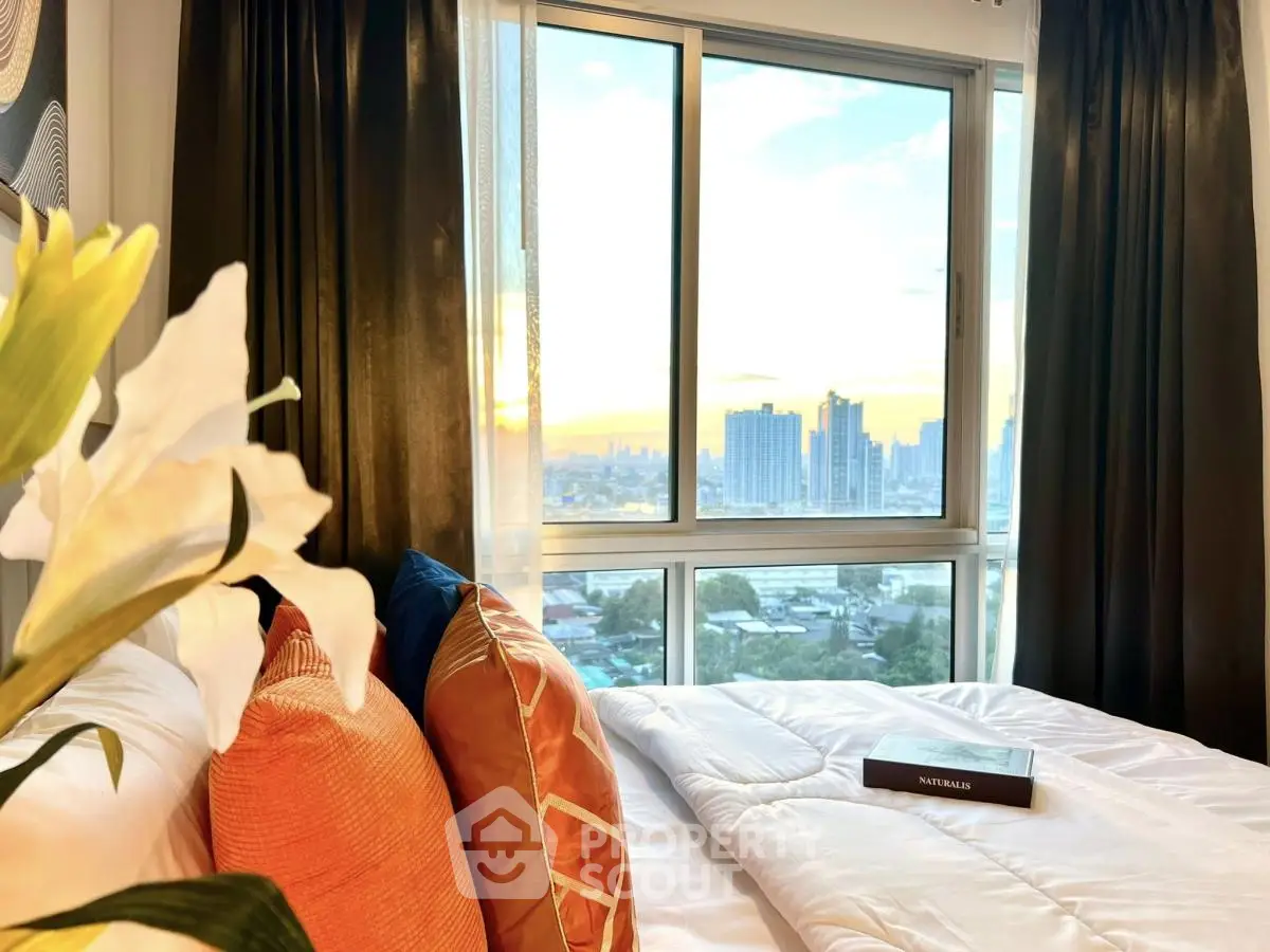 Luxurious bedroom with stunning city view and elegant decor