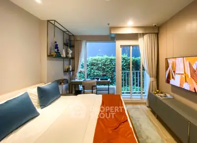 Modern bedroom with balcony and stylish decor in a luxurious apartment