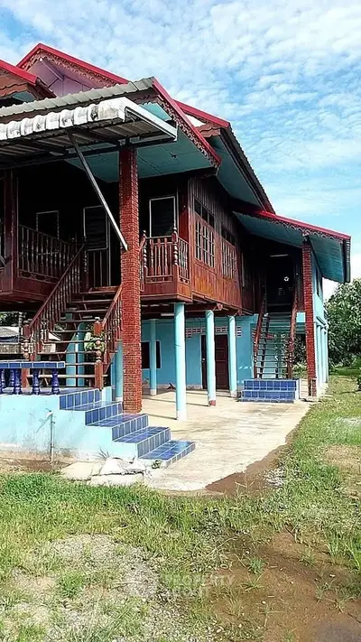 Charming traditional elevated house with vibrant colors and spacious outdoor area.
