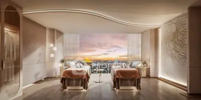 Luxurious bedroom with stunning city view and elegant decor