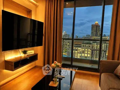 Luxurious living room with stunning city view from high-rise balcony, featuring modern decor and large TV.