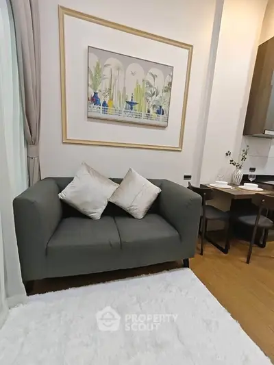 Cozy living room with plush sofa and elegant decor in modern apartment