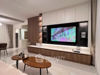 Modern living room with sleek entertainment center and stylish decor