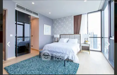 Luxurious modern bedroom with floor-to-ceiling windows and city view.